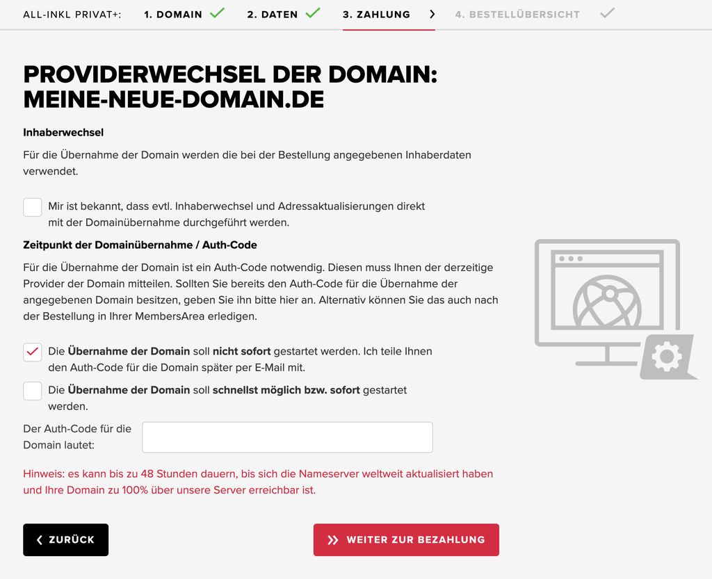 Schritt 5: Providerwechsel auf der ALL-INKL Website bestätigen und Auth-Code eingeben