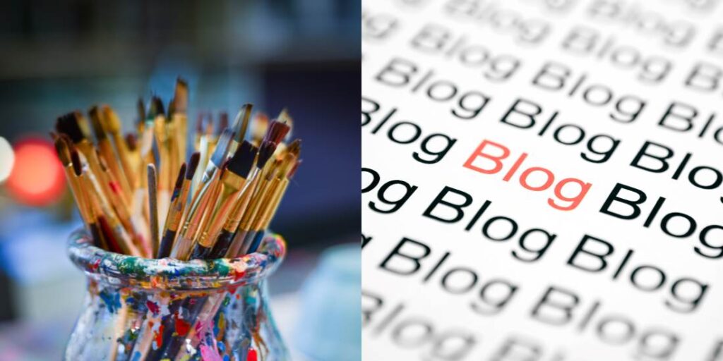 Blog für Künstler*innen: Ein Glas mit Stiften und ein Text mit dem wiederholten Wort Blog